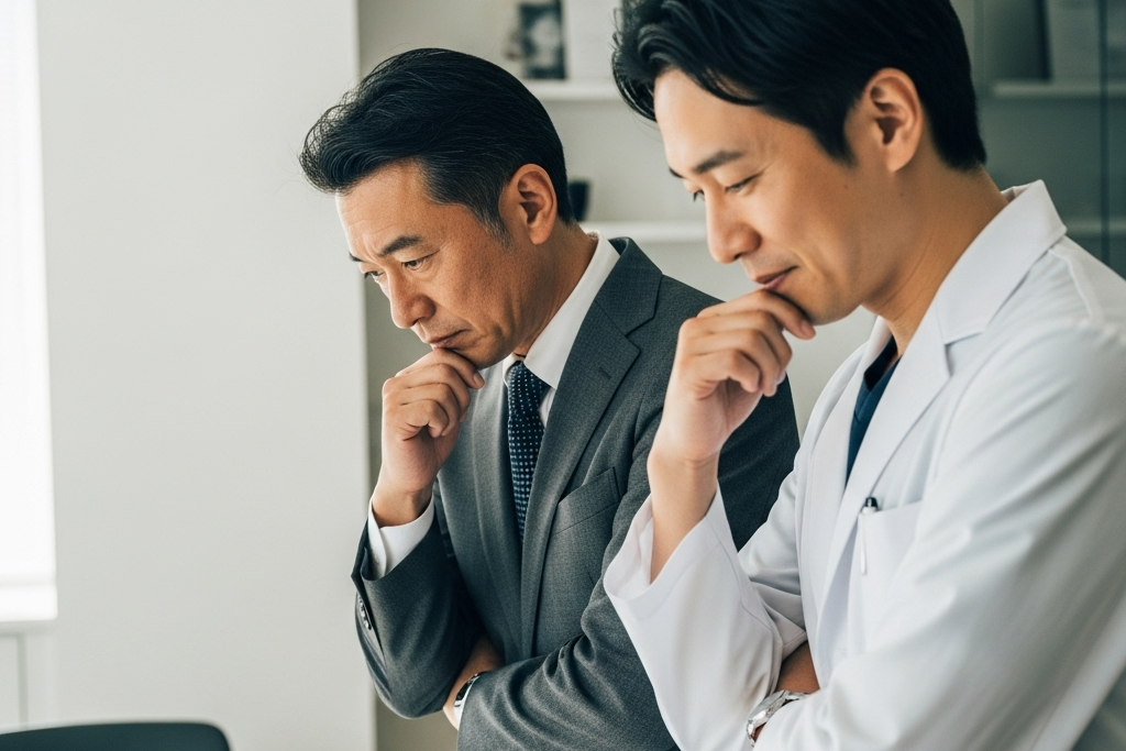 経営者の男性と、医師の男性が何か考え事をして同じポーズをとっているポートレート