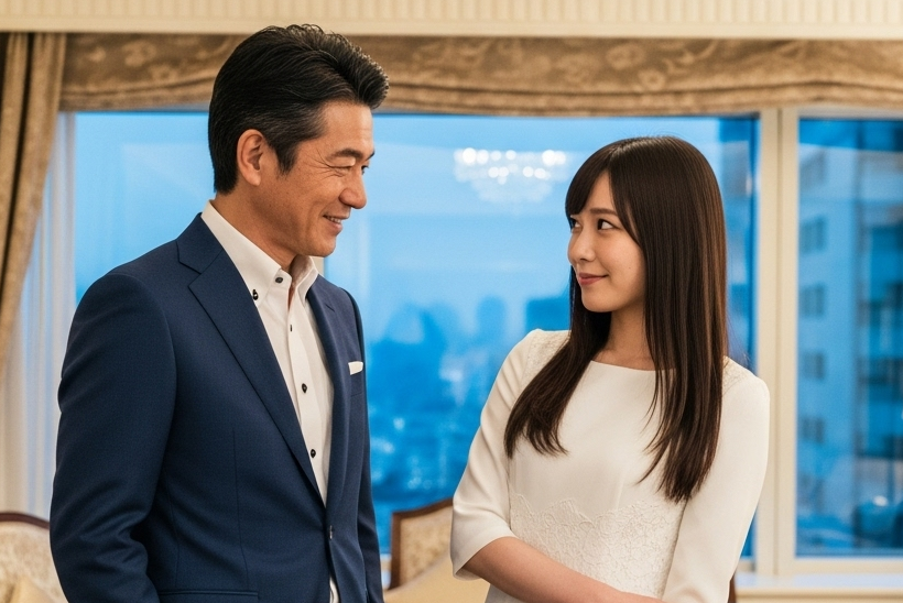 男性と女性が食事の場所で笑顔で話しているポートレート画像