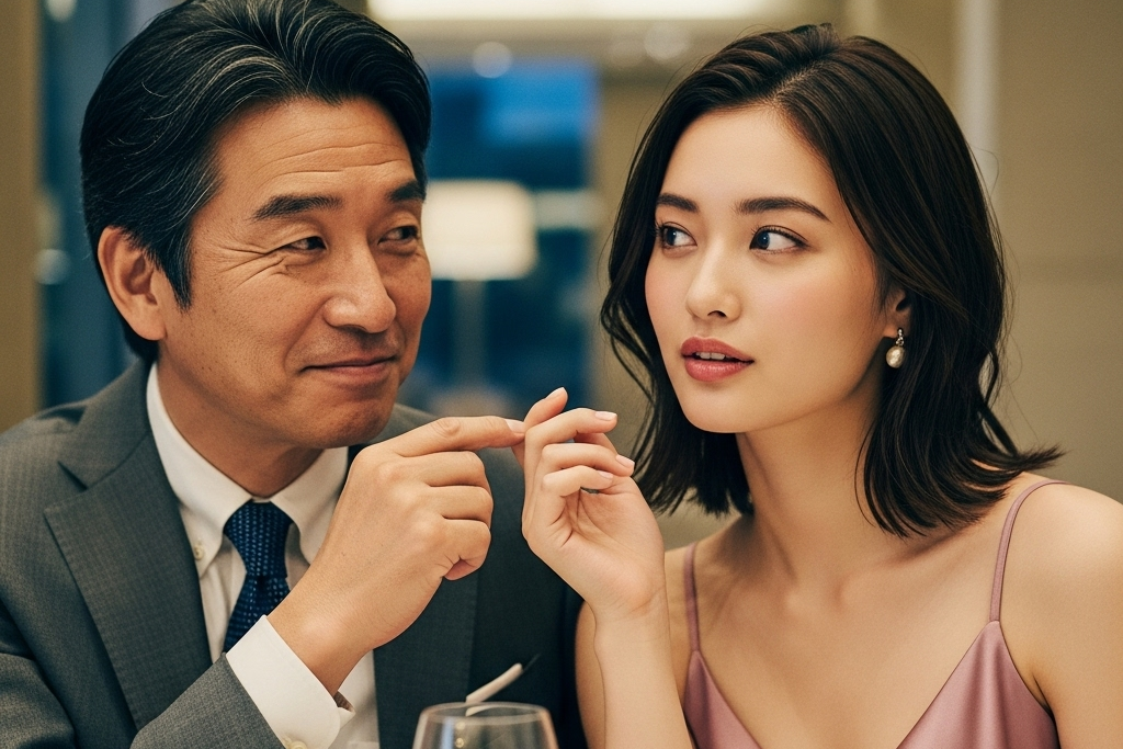 スーツの男性と、セクシーな女性がいちゃいちゃして内緒話をしている画像