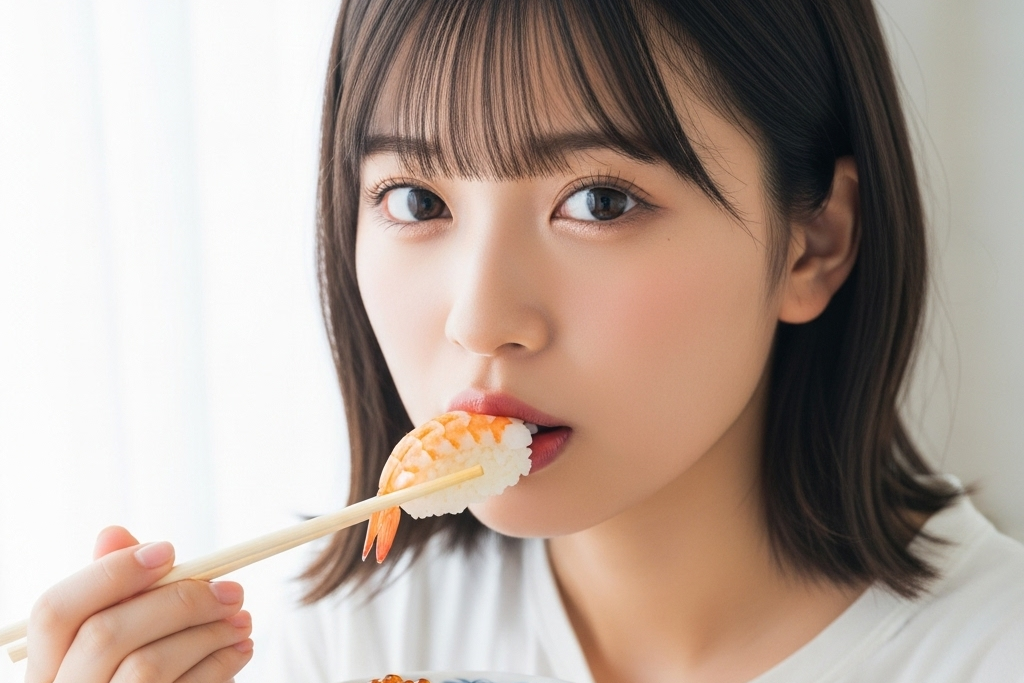 お寿司(エビ)を食べている女性のポートレート