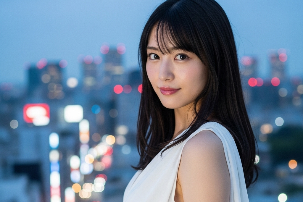 高層ビルの光がある夜景を背景に、こちらを振り返ってみている女性のポートレート