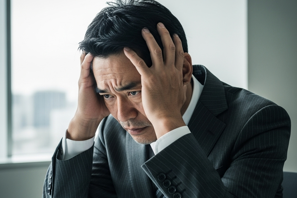 男性が、悩んでいて頭を抱えている画像