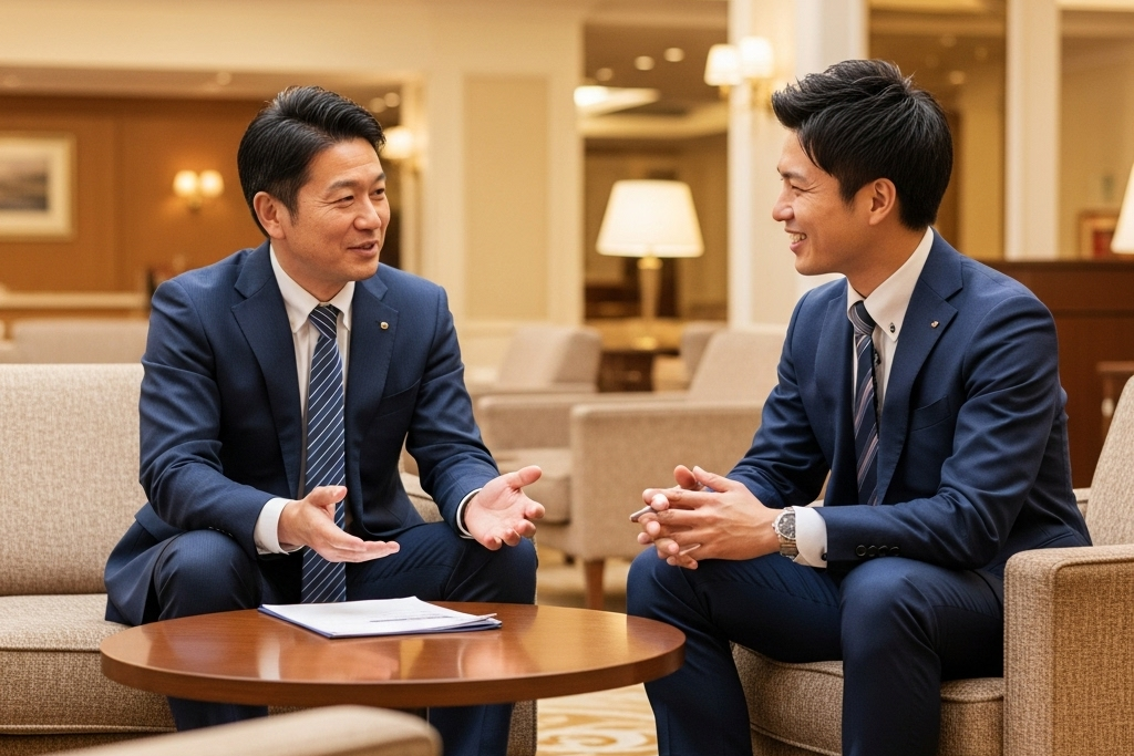 シティホテルのカフェで打ち合わせをしている会社経営者と俱楽部のスタッフが談笑している画像