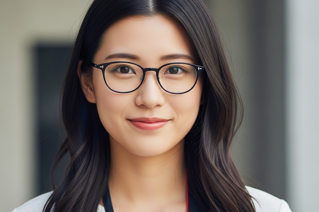 黒淵眼鏡をかけている女性がこちらを見つけて笑顔になっている