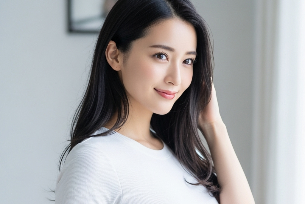 髪の毛は艶やかで、肌も白く透明感のある感じで目線を遠くを見つめている女性のポートレート