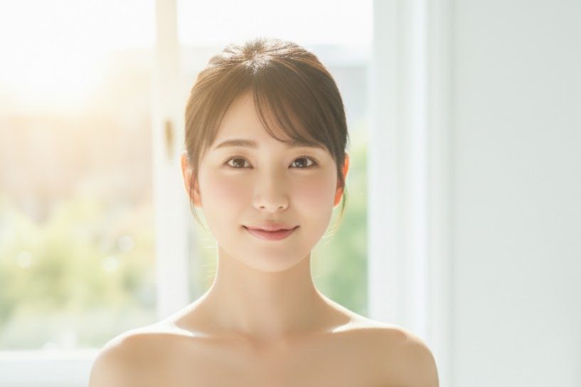 透明感のある女性がオフショルの服を着てこちらを見て笑顔でいる