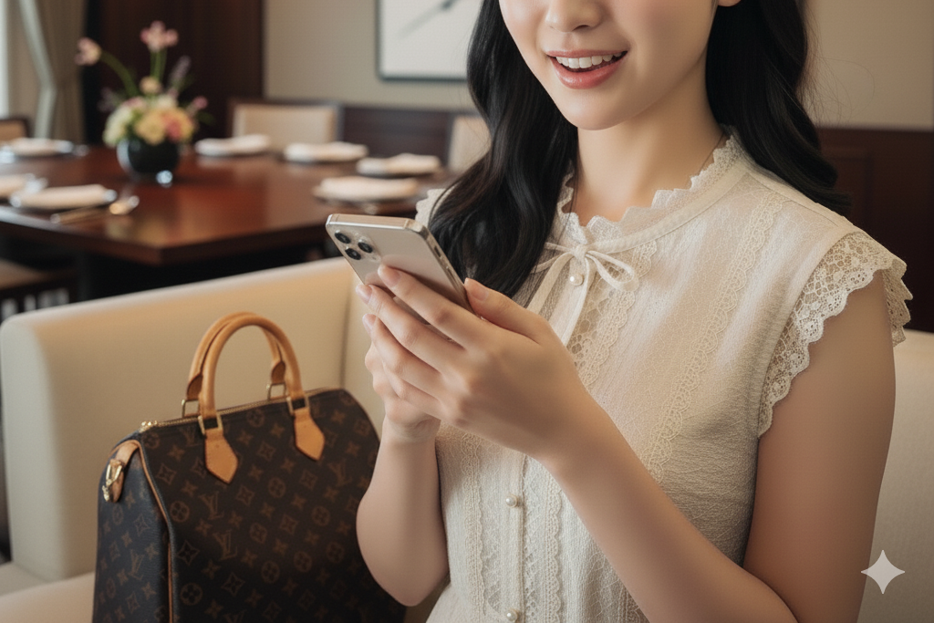 高級ブランドのカバンを持って、ソファーに座って自分のスマホで連絡を取っている女性