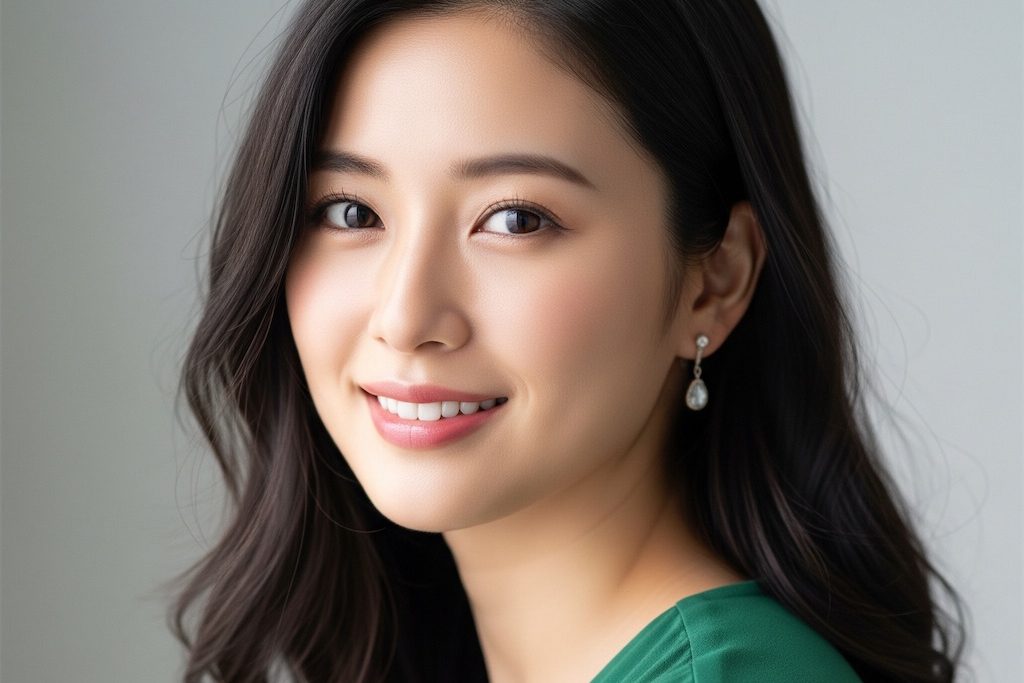 緑のトップスを着た、ダイヤのピアスをしている女性のポートレート