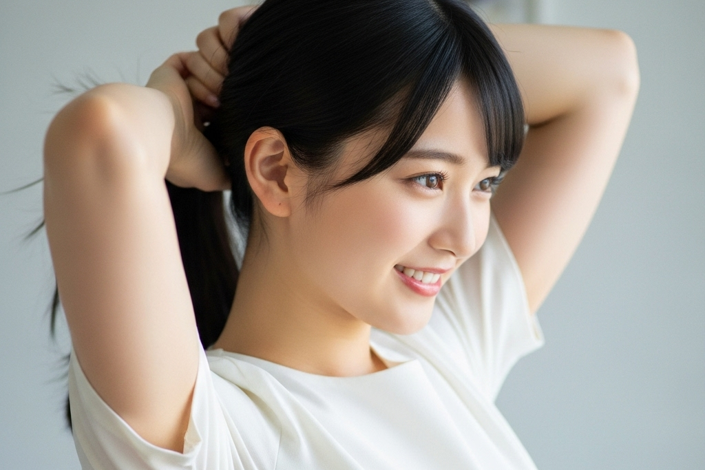 髪の毛をゴムで括ろうとしている瞬間の白いシャツを着ている女性のポートレート