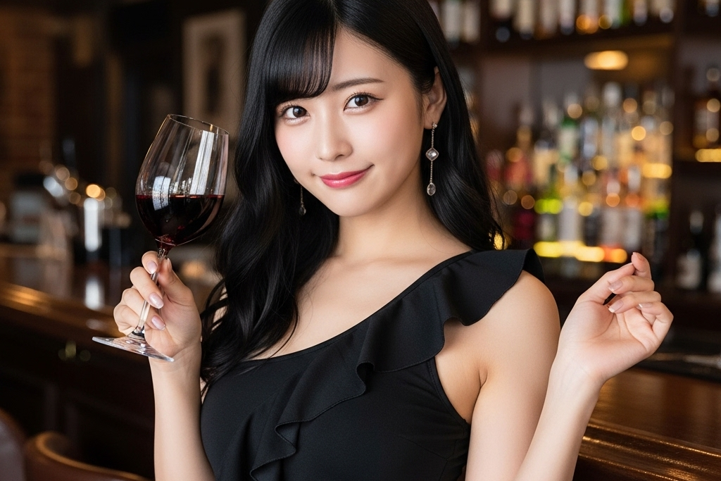 2軒目のバーのカウンターで赤ワインを飲んでいるほろよい状態の女性のポートレート