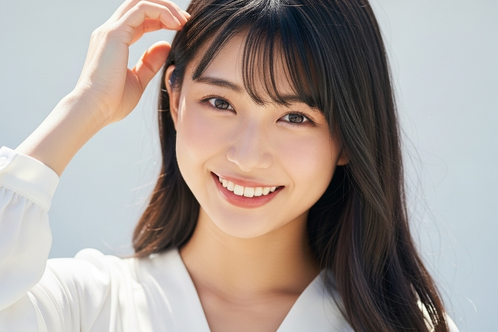 髪の毛を整えながら笑顔でこちらを見ている女性