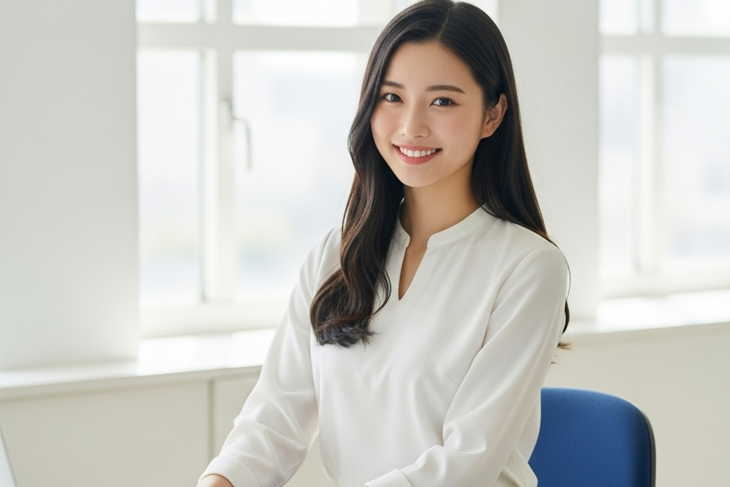 艶のある美しい髪をした人がこちらを見て微笑んでいる女性のポートレート