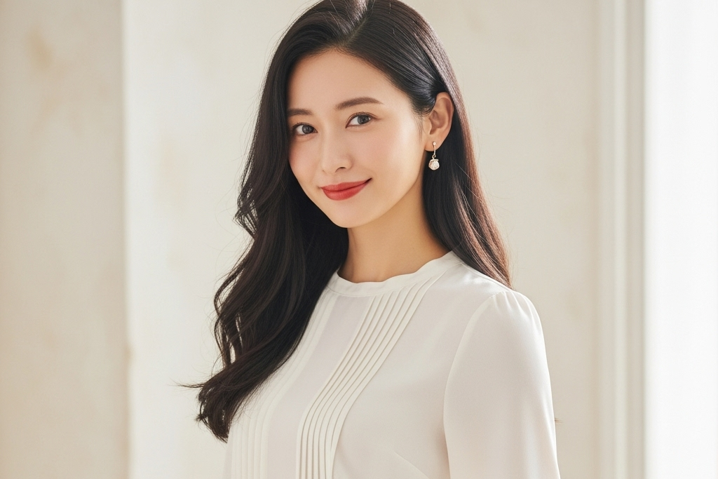 清楚系な白い服を着てこちらに微笑んでいる女性のポートレート画像