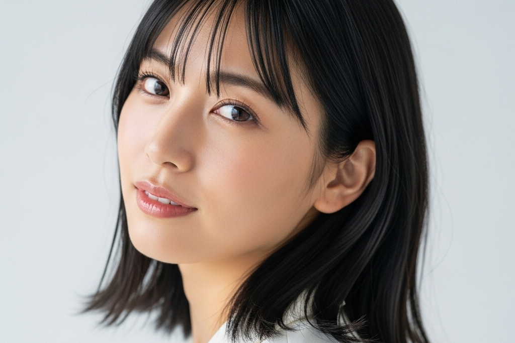 セミロングの女性がこちらを見て笑顔になっているポートレート画像。