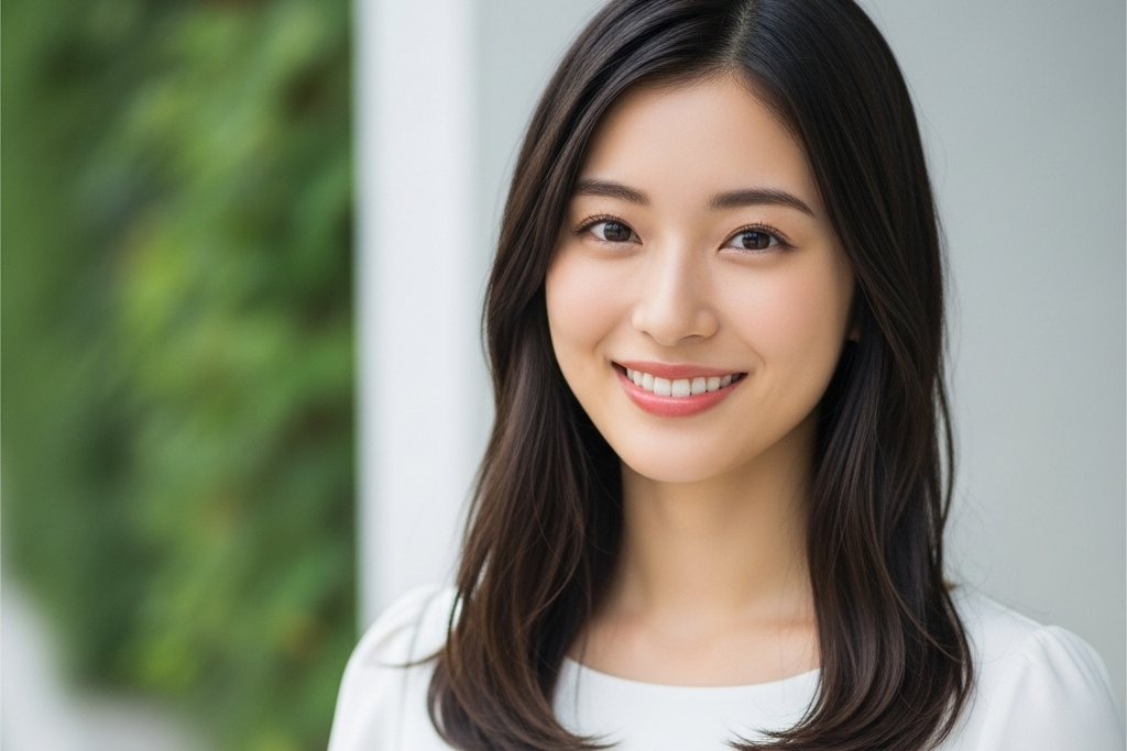 外での撮影で、自然光が優しく降り注いでいた中で笑顔を振りまいてこちらを見ている女性の画像