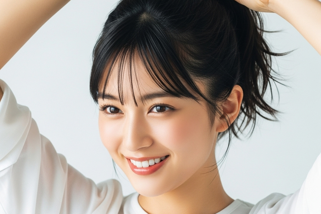 髪の毛をアップにするために両手で髪の毛を整え、少しはにかんでいる顔の画像