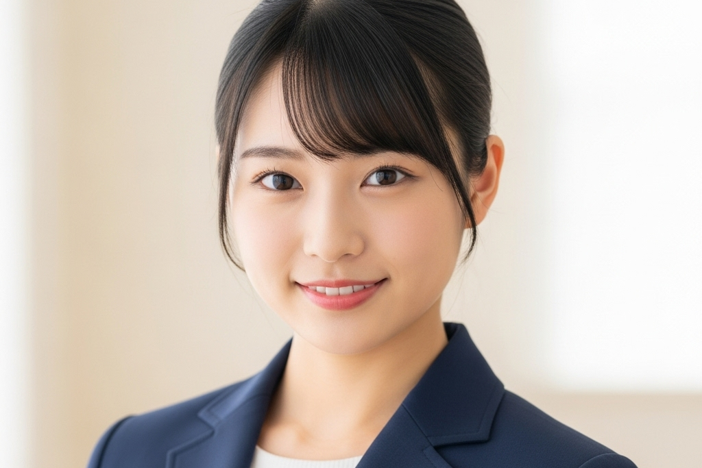 リクルートスーツを身にまとい、こちらに笑顔で見ている画像