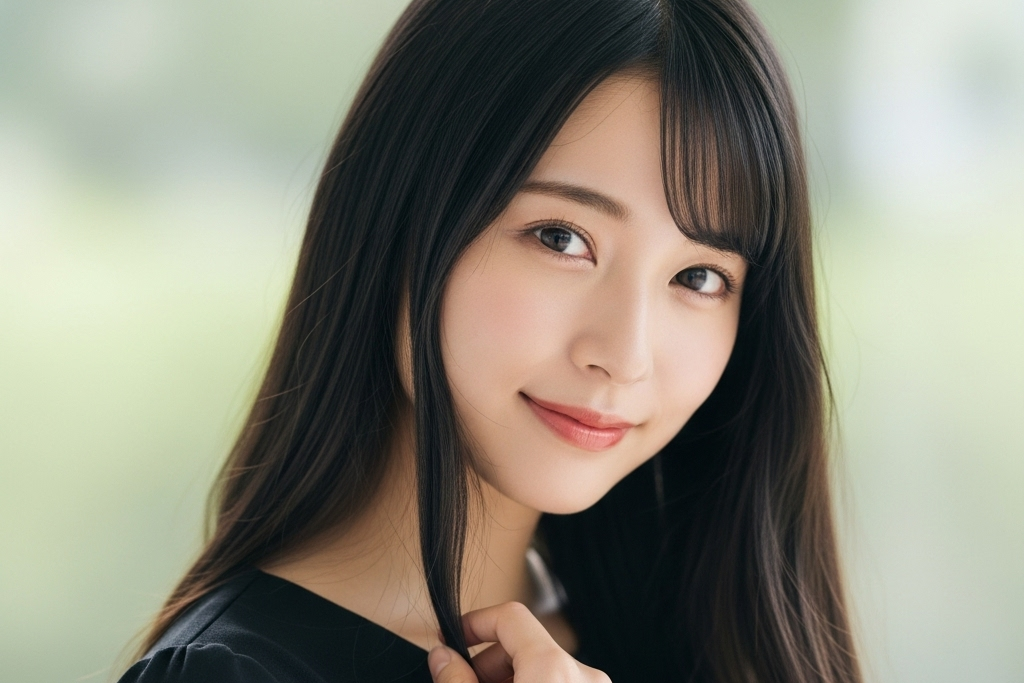 背景が緑のあるところで、片手で髪の毛を触り笑顔の女性