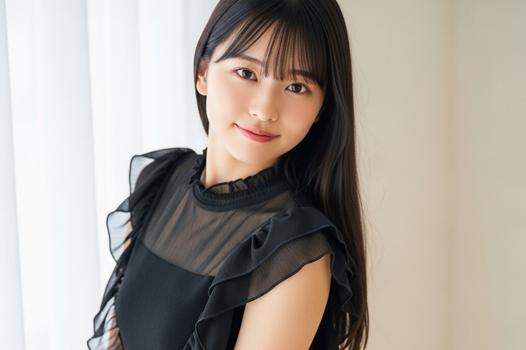 黒いセクシーさのある服を着た振り向きざまにこちらを見た女性のポートレート画像