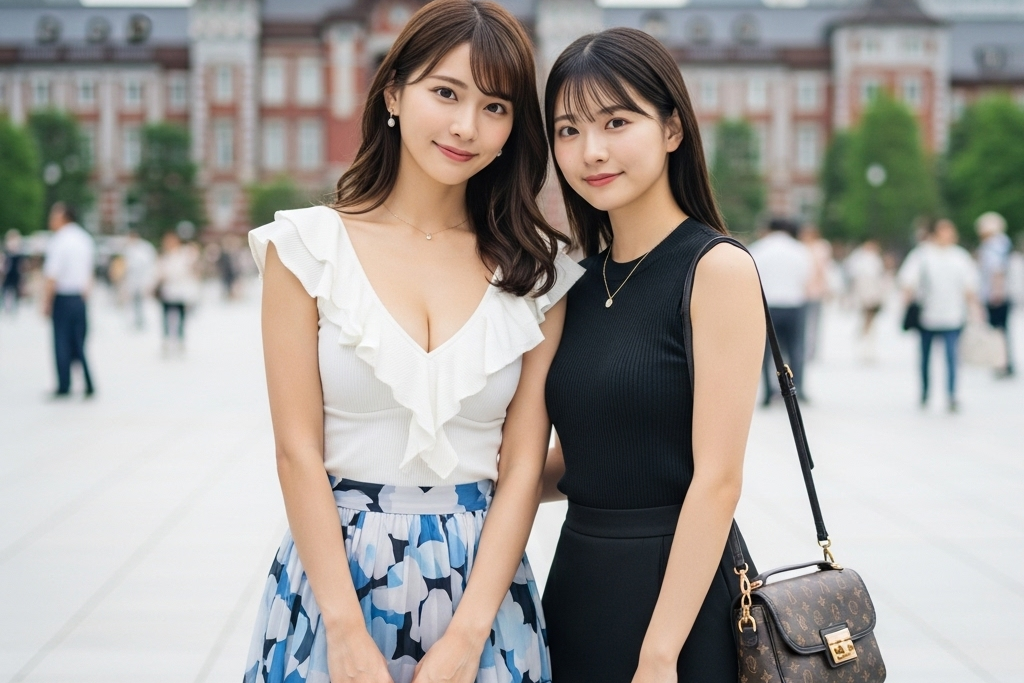 仲良く女性二人が並んでいるポートレート画像