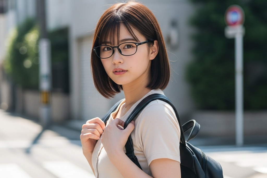 黒のリュックサックを担いで、黒縁メガネをかけて待ち合わせ場所にいる女性のポートレート