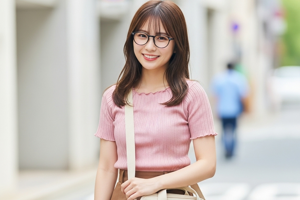 ピンクのトップスと茶色のスカートを履いている黒縁メガネをかけた女性のポートレート