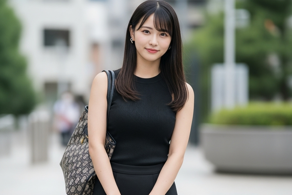 待ち合わせ場所に到着して、笑顔でこちらをみている女性のポートレート