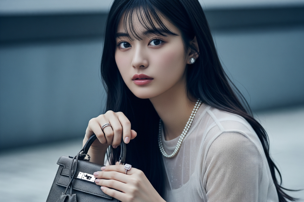 黒い高級なカバンを持って指輪もして高級感あふれる女性がしゃがんでいるポートレート画像