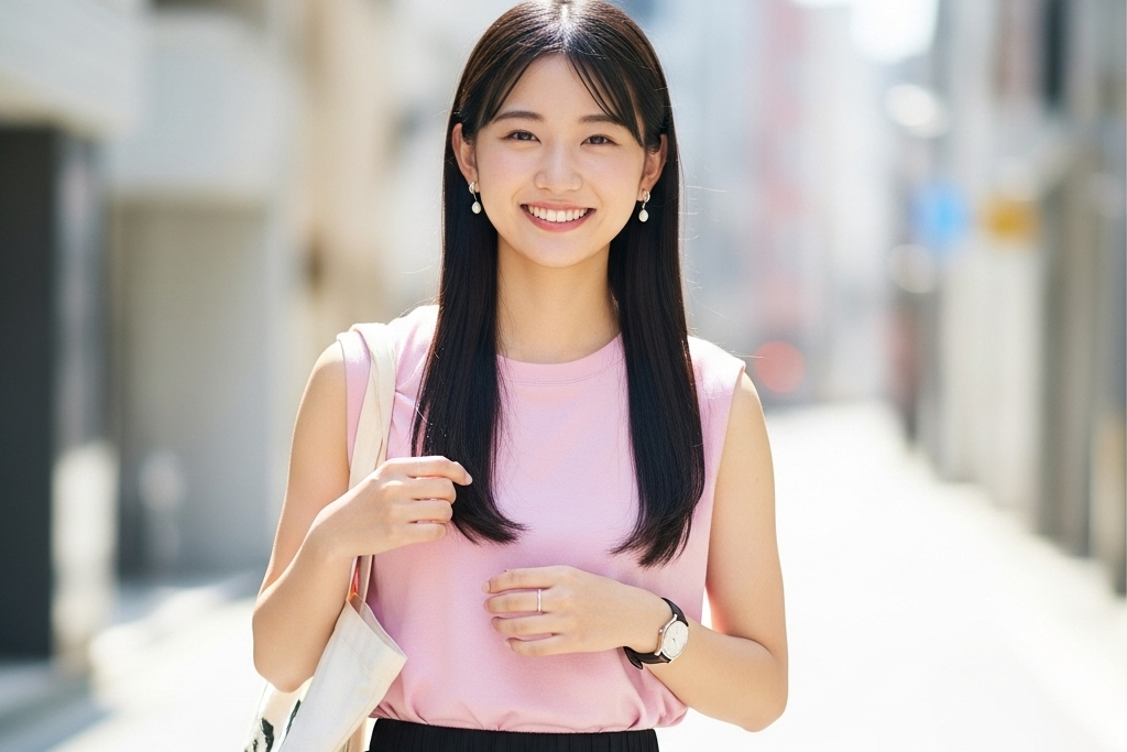 ピンクのトップスを着た女性が、こちらに気付いた際に笑顔を見せているポートレート