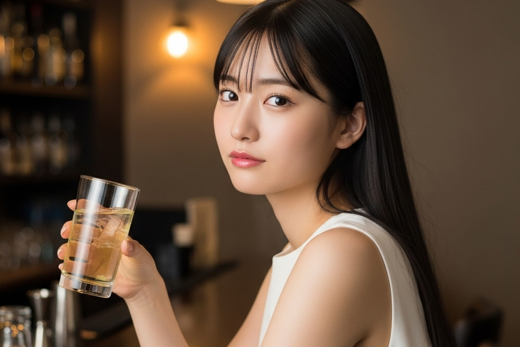barでハイボールを飲んで、こちらを見ている笑顔のない女性のポートレート