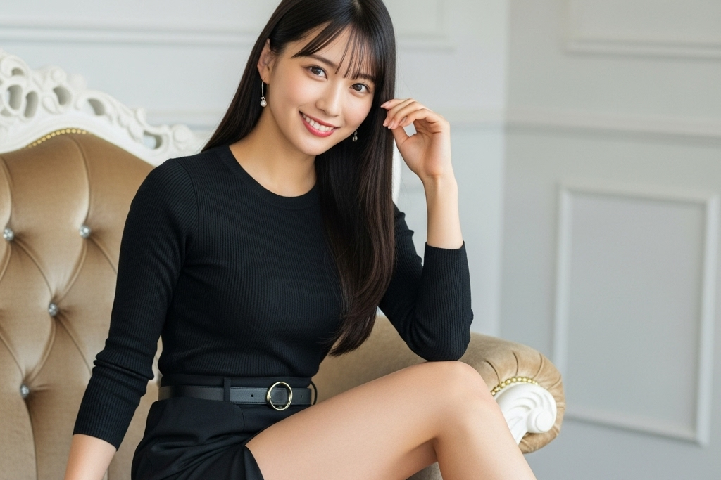 黒のワンピースに、黒のベルトを着けて足を組んでいる女性のポートレート