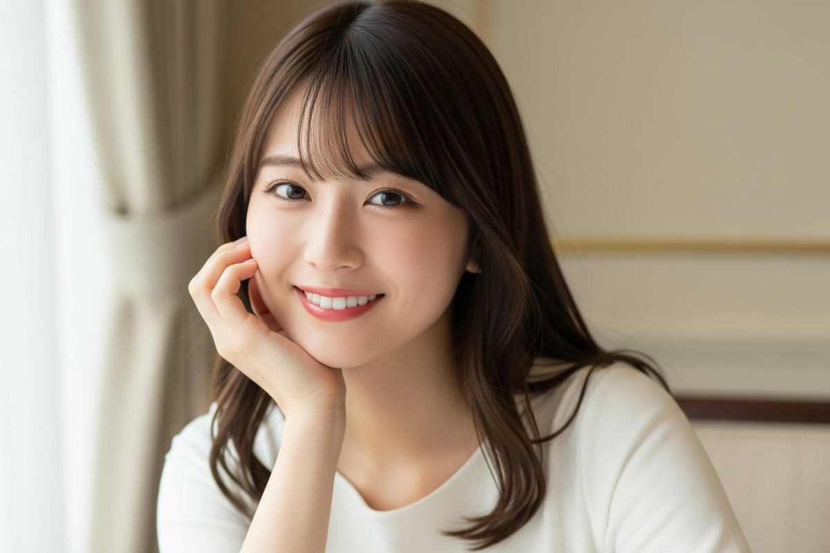 机に肘をつき、左手は顎を支えている顔は笑顔でこっちを見ている女性のポートレート