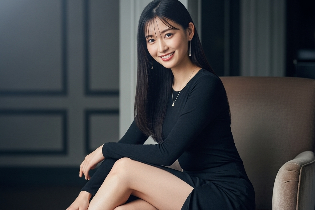 黒いワンピースに、ネックレスを首から下げながら、セクシーに足を組んだポートレート