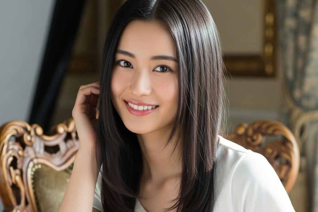 椅子に座りながら笑顔でこちらを見ている女性のポートレート画像