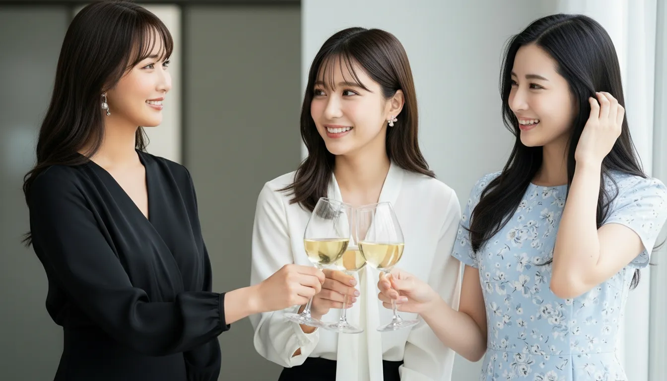 女性三人が白ワインで乾杯をしている様子