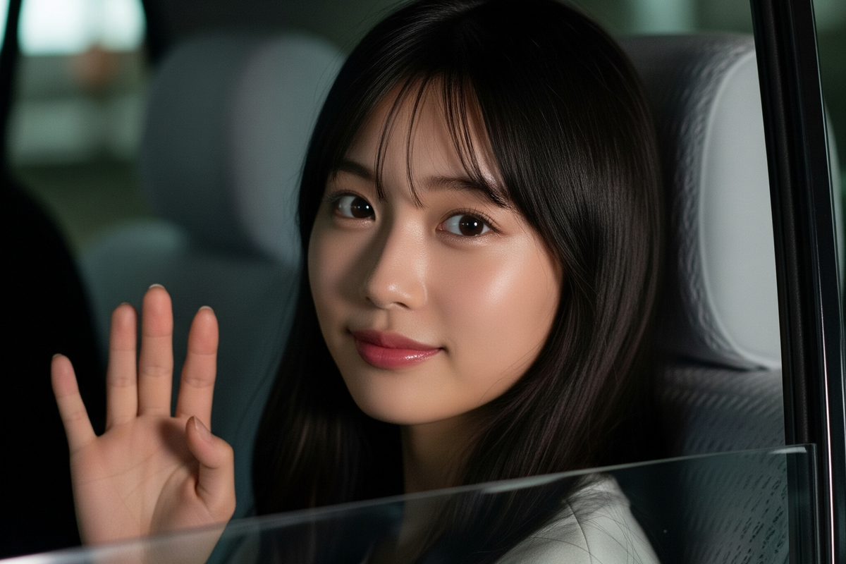 女性がタクシーに乗車して、窓をあけて相手に向けて手を振った瞬間のポートレート