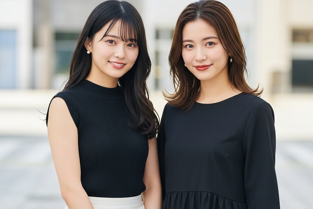 黒い服を着ている笑顔の女性の二人のポートレート画像