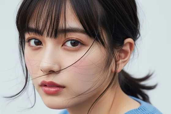 澄んだ目でこちらを凝視している20代あ前半の女性の画像