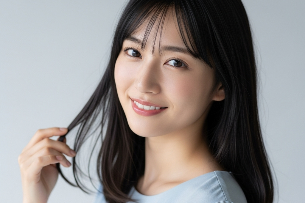 こちらを見て笑顔でいるが髪の毛を片手で触っている状態の女性のポートレート