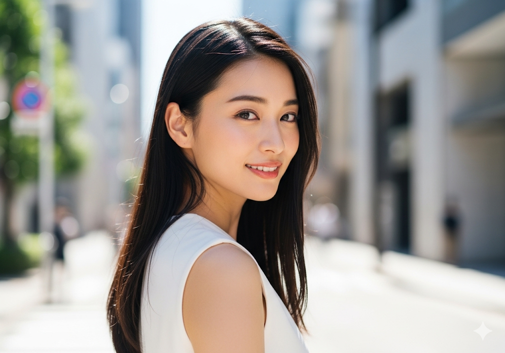 白いトップスで、黒髪の女性が振り返りざまにこちらを見ているポートレート画像