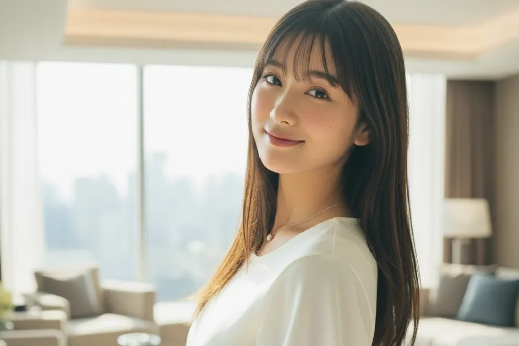 タワーマンションの最上階の部屋で大型ソファーを背景にして振り向きざまに笑顔を見せる女性