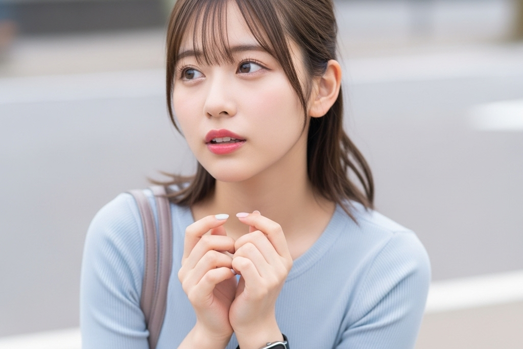 青いトップスでグレーのカバンを持って、どこか考え事をしている女性のポートレート