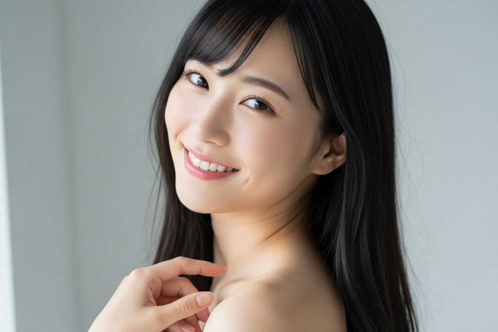 オフショルの服を着ている女性が、振り向きざまに笑顔で見ているポートレート