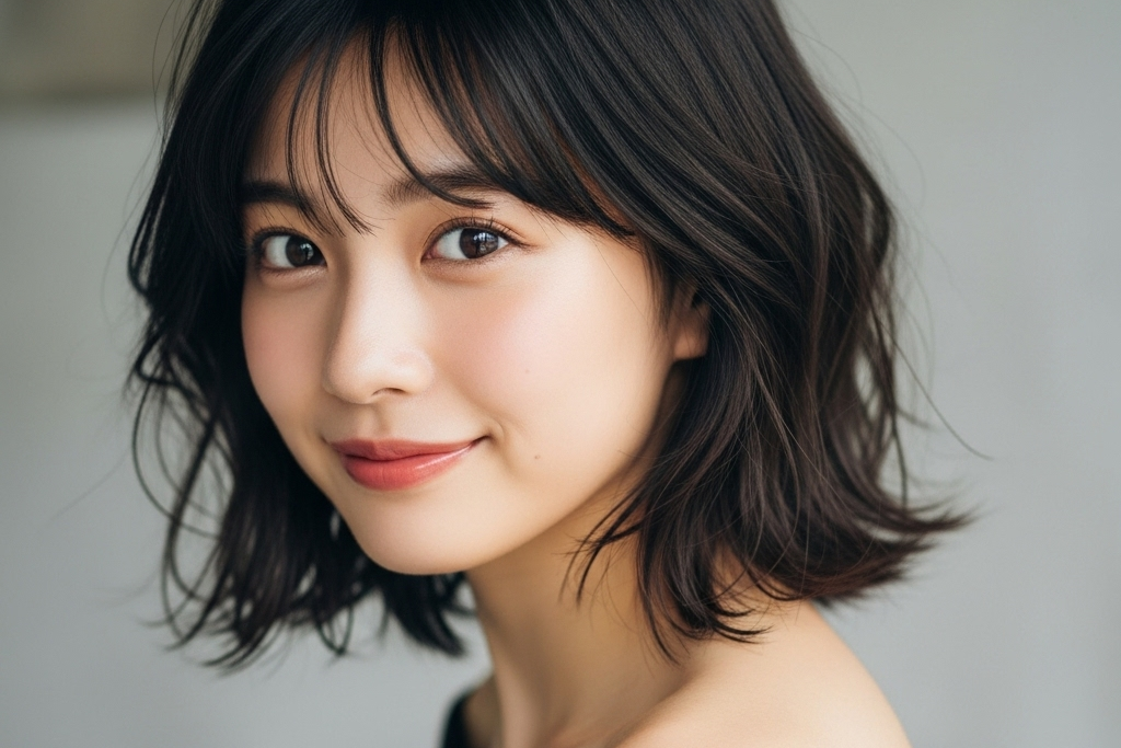 セミロングとショートの間くらいの短い髪の毛の長さの女性がこっちを微笑みながら見ている