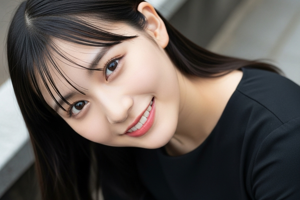 こちらの顔をしゃがんで下からのぞき込んでいる女性のポートレート画像