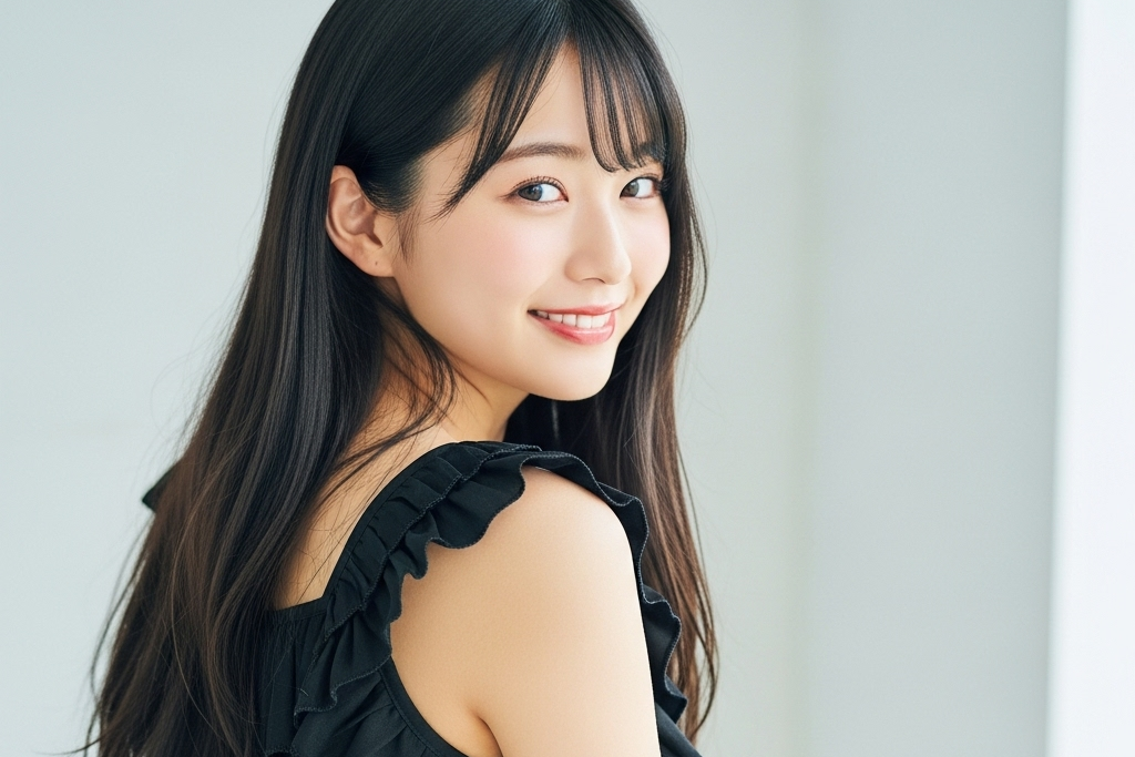 艶のある黒髪な女性が振り向きざまに笑顔でこちらを見ているポートレート画像