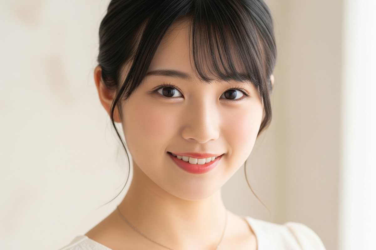 ネックレスをして髪の毛をアップにした感じの女性のポートレート画像