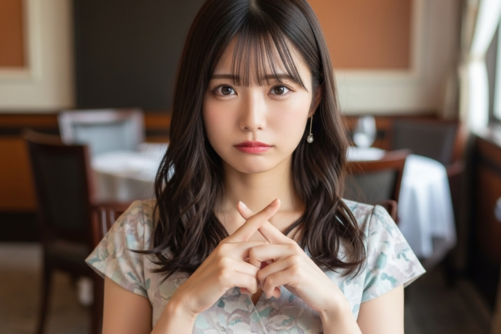 胸の前で指をクロスさせて「だめです」と答える女性のポートレート画像