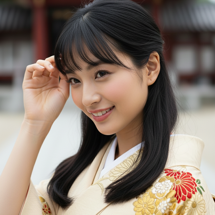 京都のお寺を背景にして、笑顔でこちらを見ている着物姿の女性