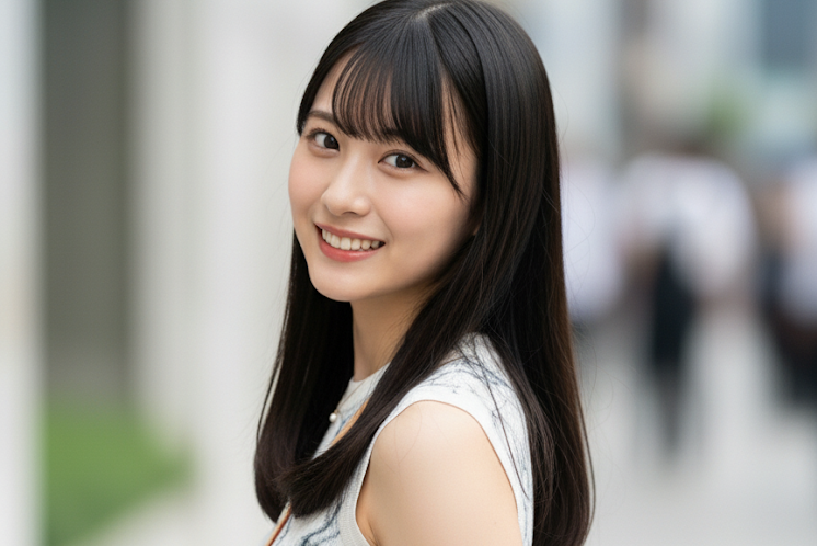 マーブルなデザインの服を着て、振り返りざまにこちらを見ている